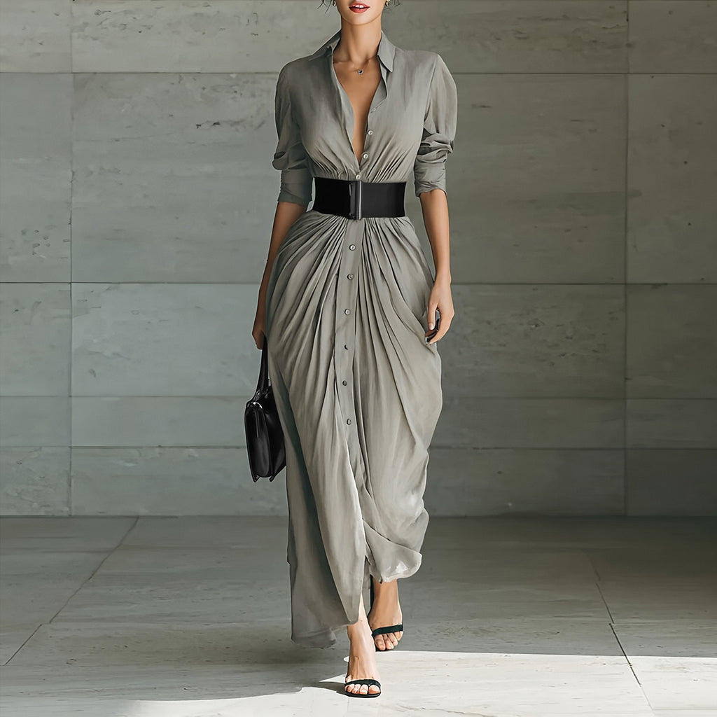 Fashionable Elegant Lapel Breasted Shirt Dress With Belt