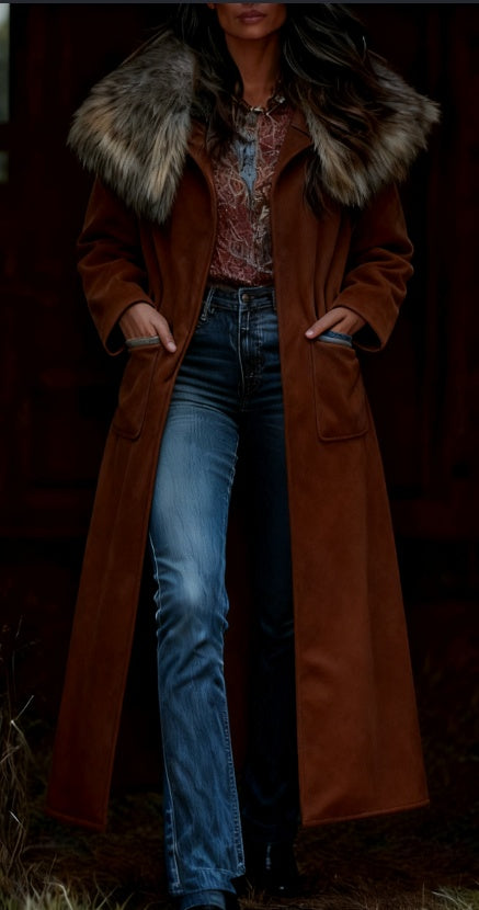 معطف نسائي عصري بتصميم ريترو، معطف طويل دافئ مطبوع