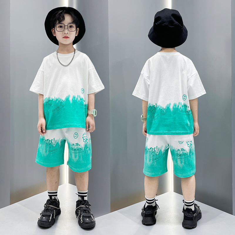 Boys Fashion Print Sports Short Sleeve Shorts Set