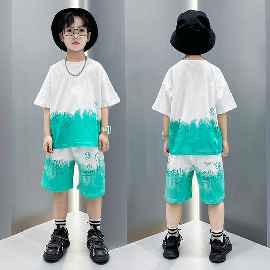 Boys Fashion Print Sports Short Sleeve Shorts Set