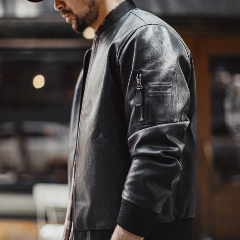 American-style Black MA1 Pilot Leather Jacket Ruan Handsome Short