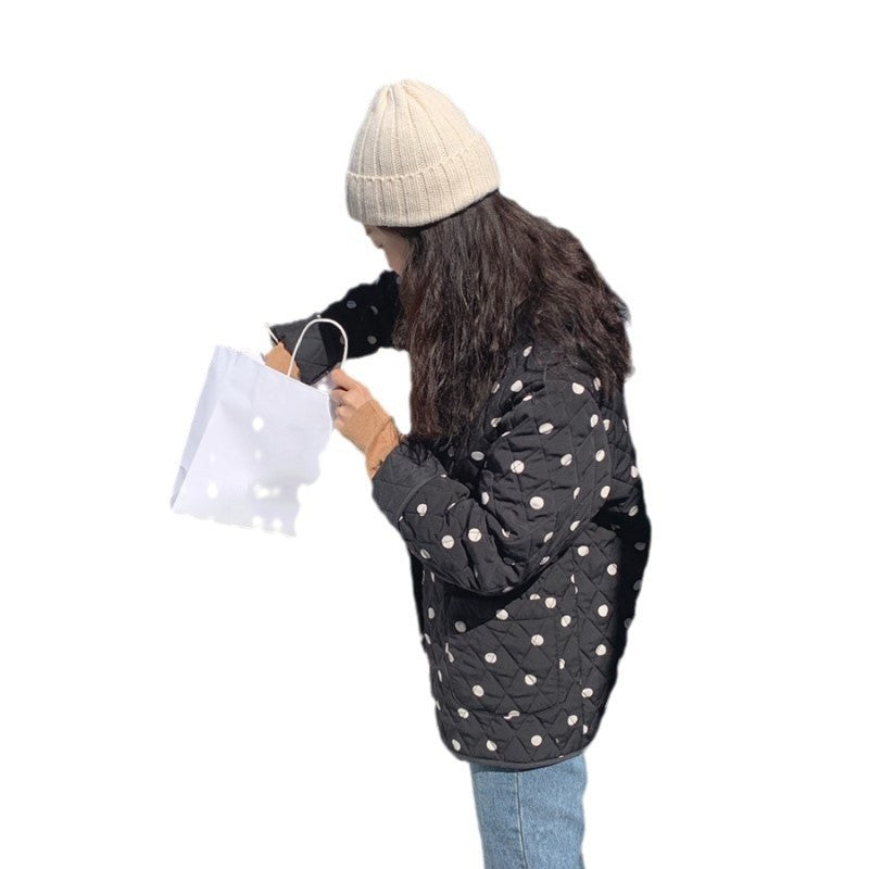Polka Dot Round Neck Loose Double Pocket Quilted Jacket