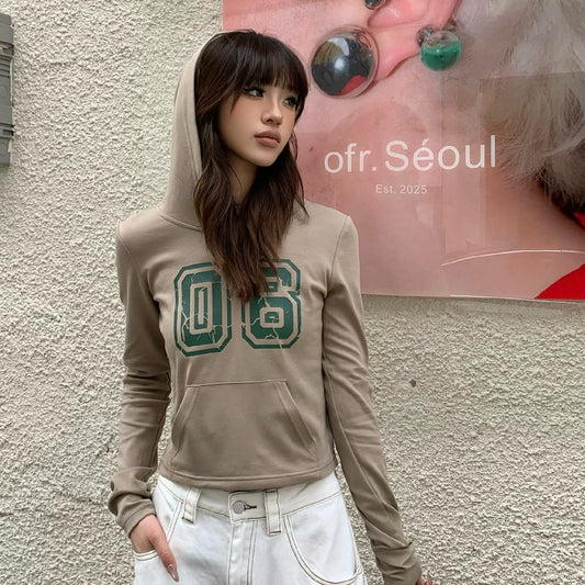 American Retro Hot Girl European And American Printed Hooded Slim Fit Long-sleeved T-shirt