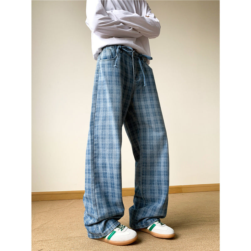 بنطال جينز أزرق منقوش واسع الساق