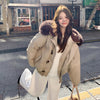 Big Fur Collar Hooded Horn Button Cotton-padded Jacket Women's Casual Loose