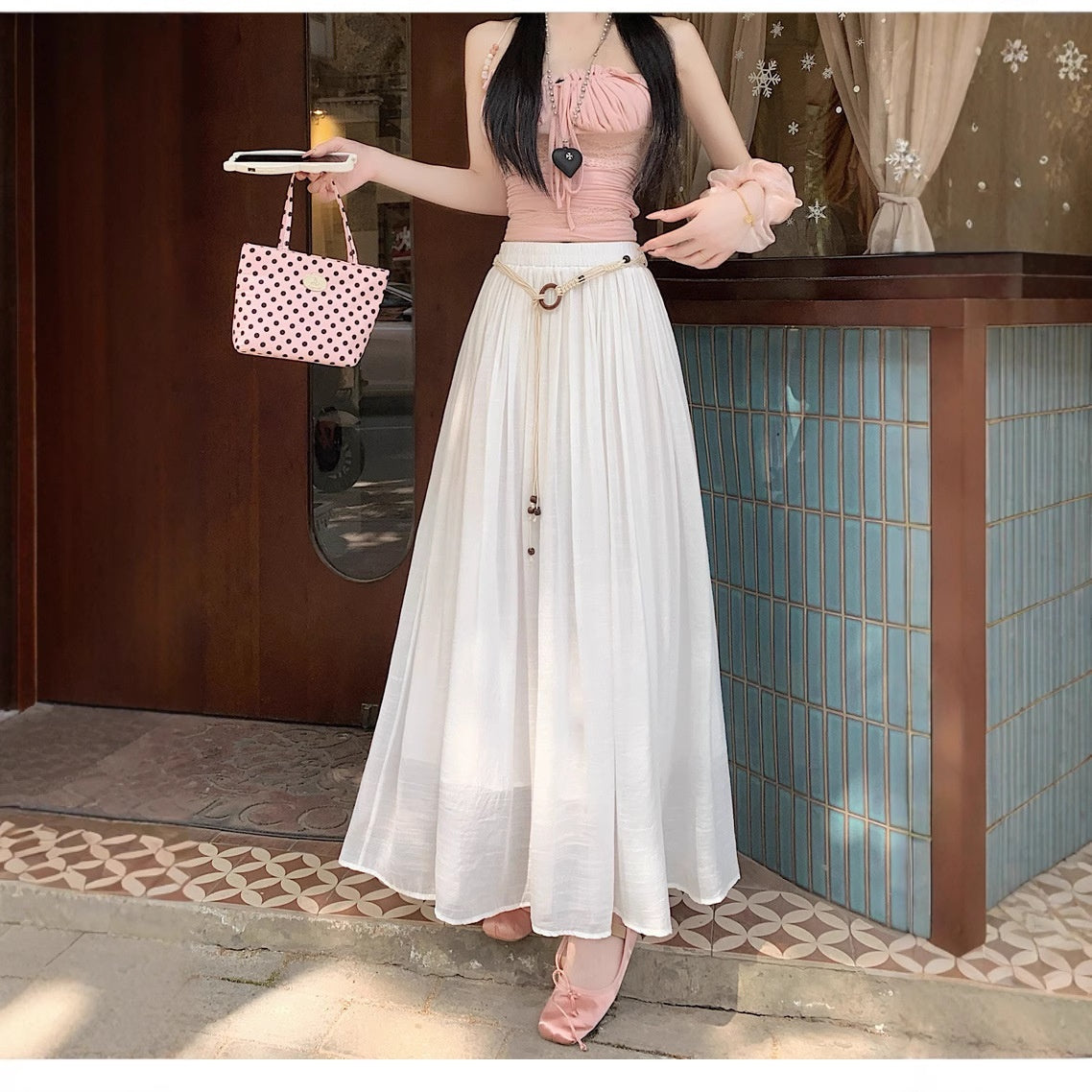 Vintage Belt Pleated Skirt Versatile Slimming High Waist A- Line