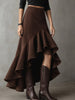Western Brown High-Low Eco Suede Ruffle Maxi Skirt