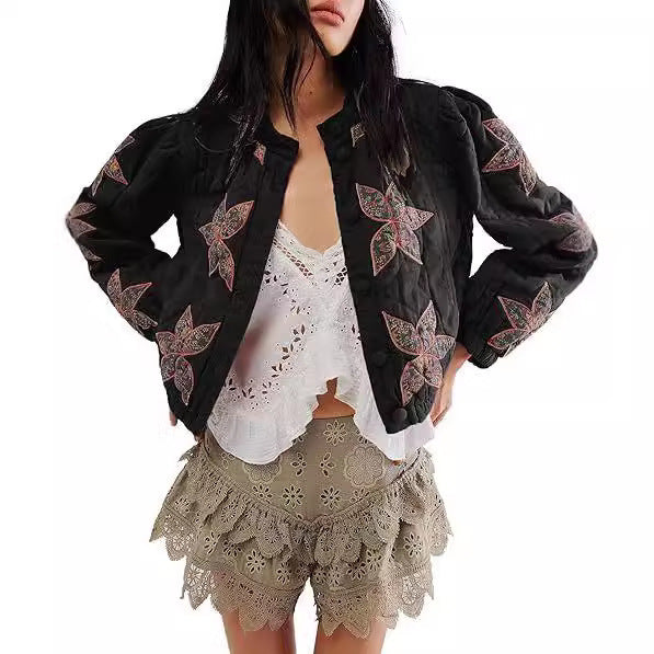 Washed Cotton Maple Leaf Affixed Cloth Embroidered Women's Coat Cotton-padded Jacket