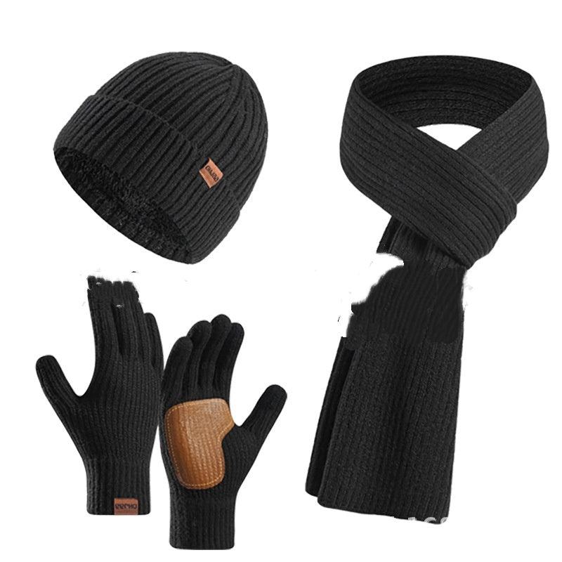 Winter Women's Wool Hat Scarf Gloves Plus Leather Non-slip Three-piece Set