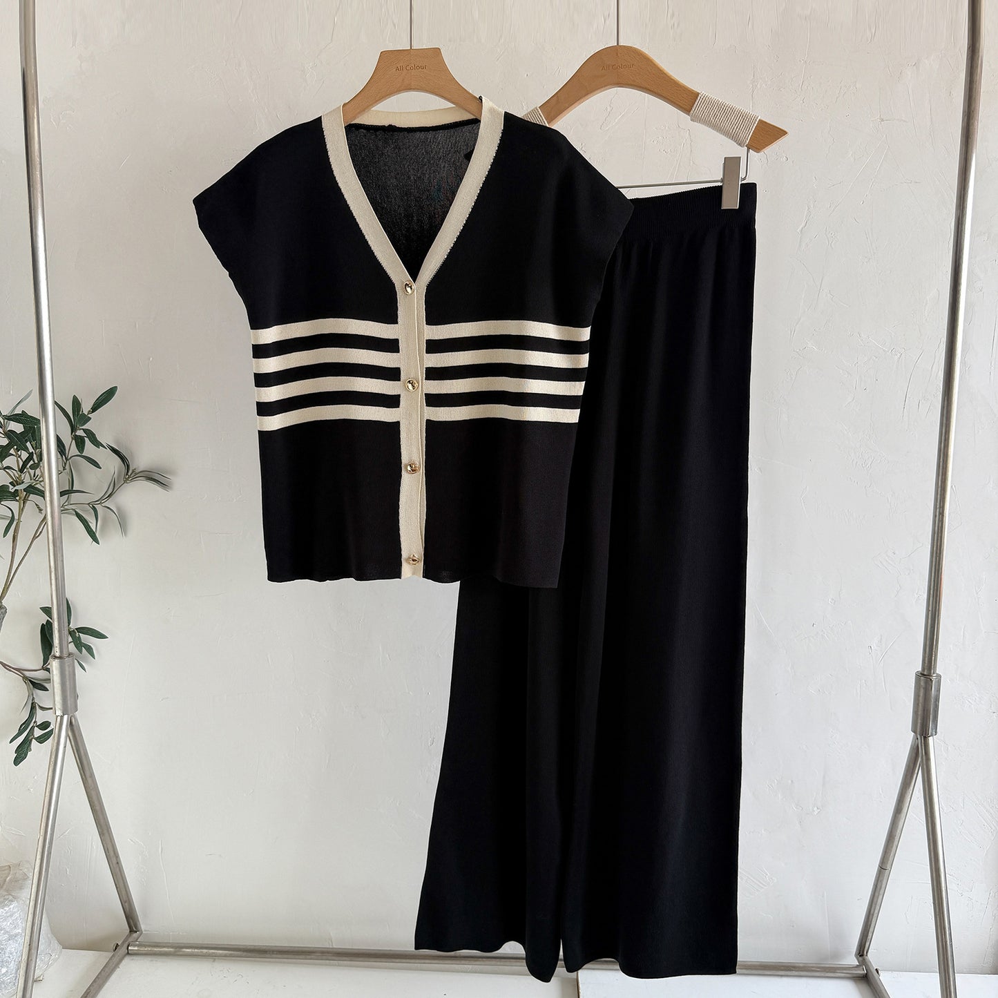 Korean-style Wide-leg Pants Set Casual, Laid-back Knit Two-piece For Women