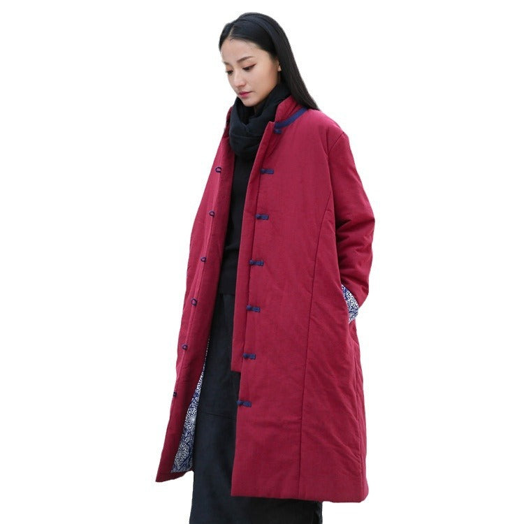 Retro Women's Artistic Cotton And Linen Clothing Buckle Cotton-padded Jacket