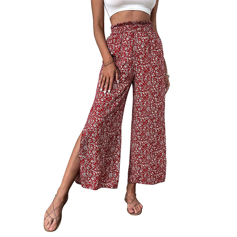 Retro Red For Women Pants Rayon High Waist Cropped Wide-leg Pants