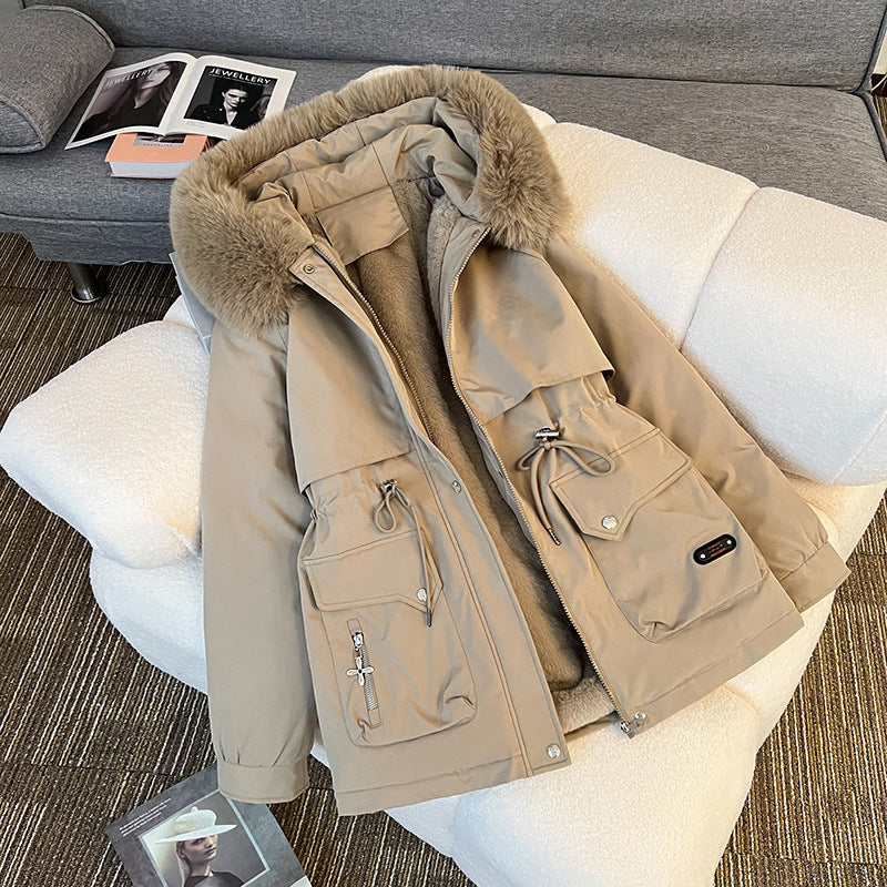Fur Collar Fashionable All-matching Jacket Hooded Warm Cotton-padded Coat