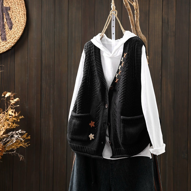 Hand-embroidered Cotton Thread Knitted Sleeveless Vest Cardigan