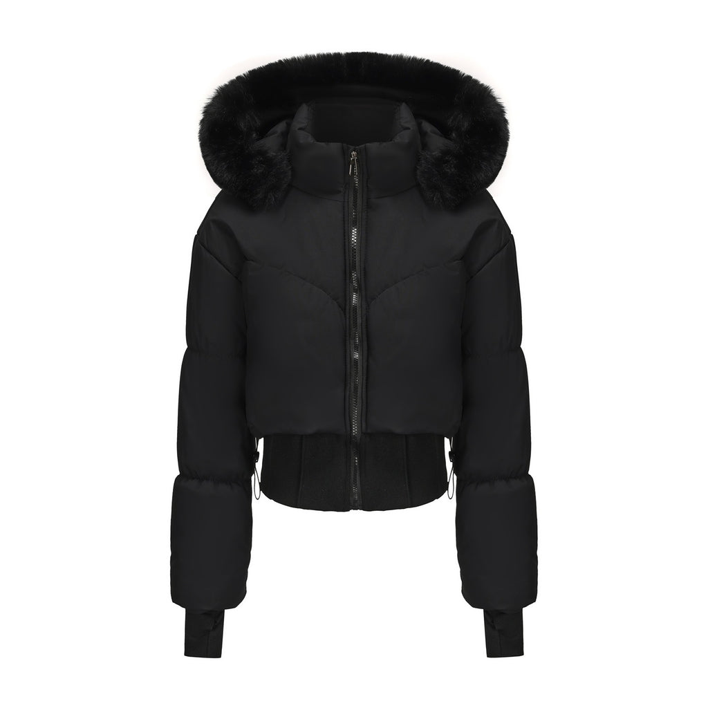 Women's Waist-tight Big Fur Collar Hooded Short Cotton Jacket