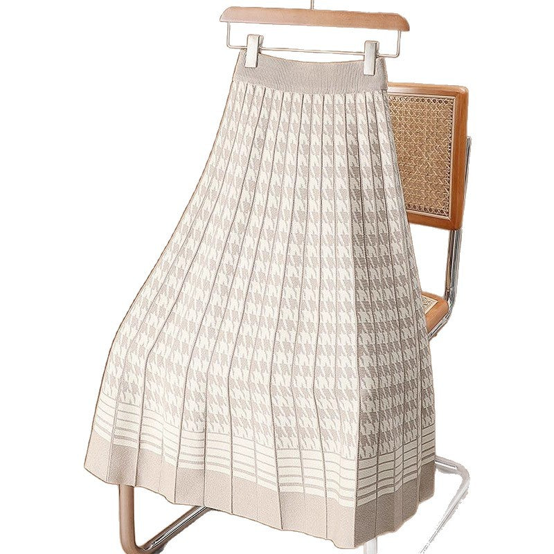 Houndstooth Knit Skirt For Women FallWinter High-Waisted
