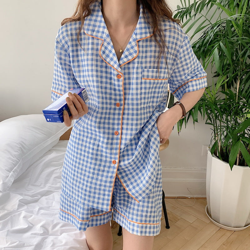 Plaid Cotton Short Sleeve Shorts Suit Pajamas Women's Homewear