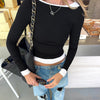 Women's Casual Black Fake Slim Fit Round Neck Long Sleeves T-shirt
