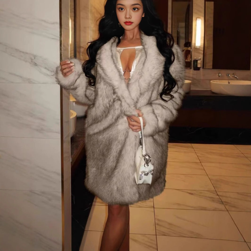 European And American Autumn And Winter Women's Fur Collar Artificial Fur Faux Fur Coat