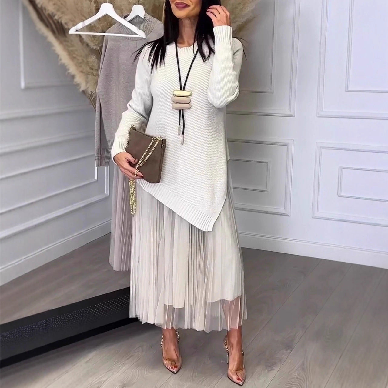 Lined Mesh Pleats Dress Suit For Women