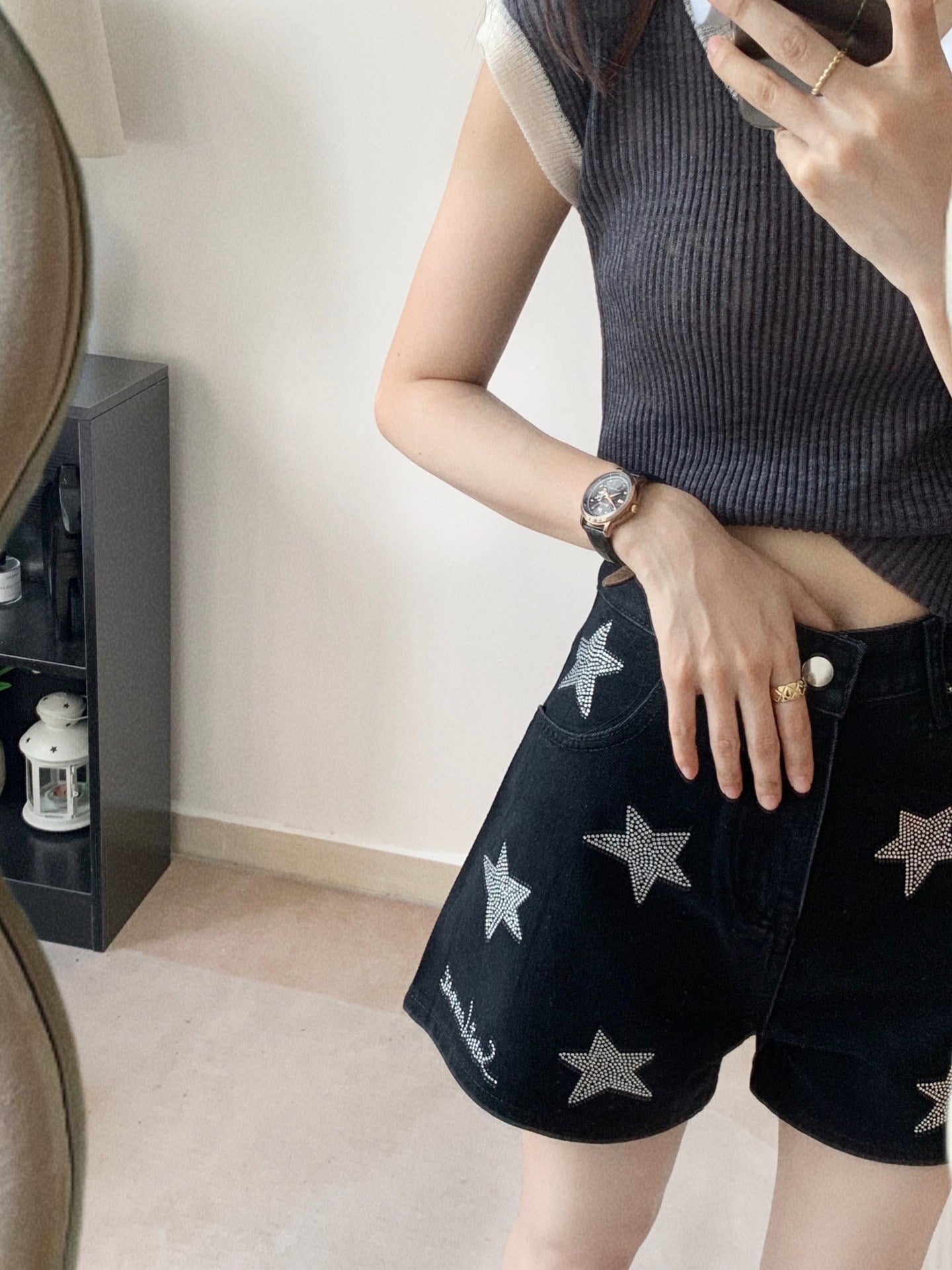 Light Luxury Silver Black Rhinestone Shorts For Women