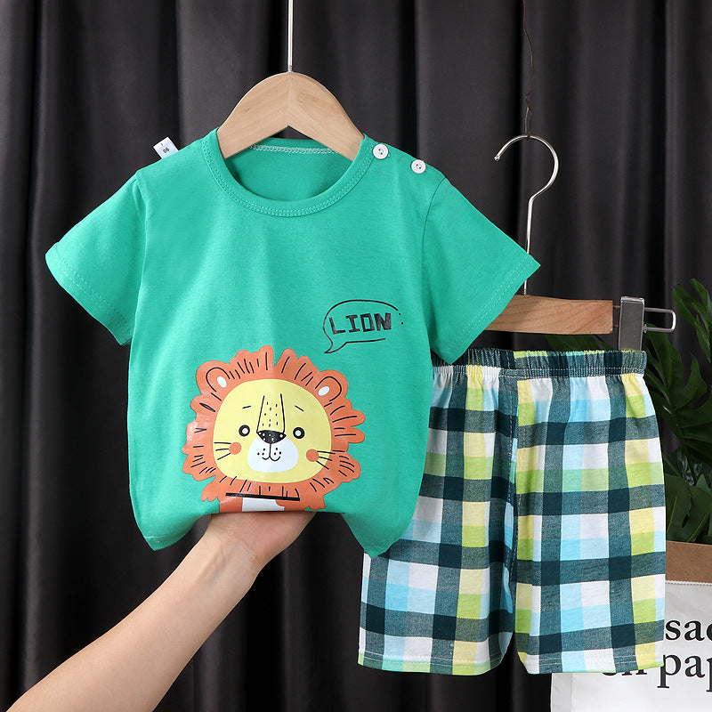 Children's Cotton Plaid Pants And Short Sleeve Suit