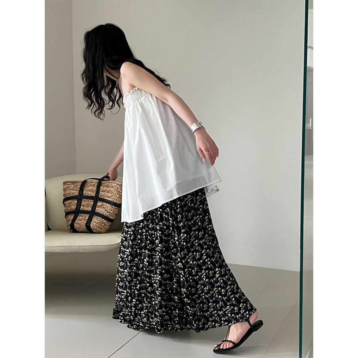 Vintage Floral Women's Summer Loose Pleated High Waist Drooping A- Line Umbrella Skirt