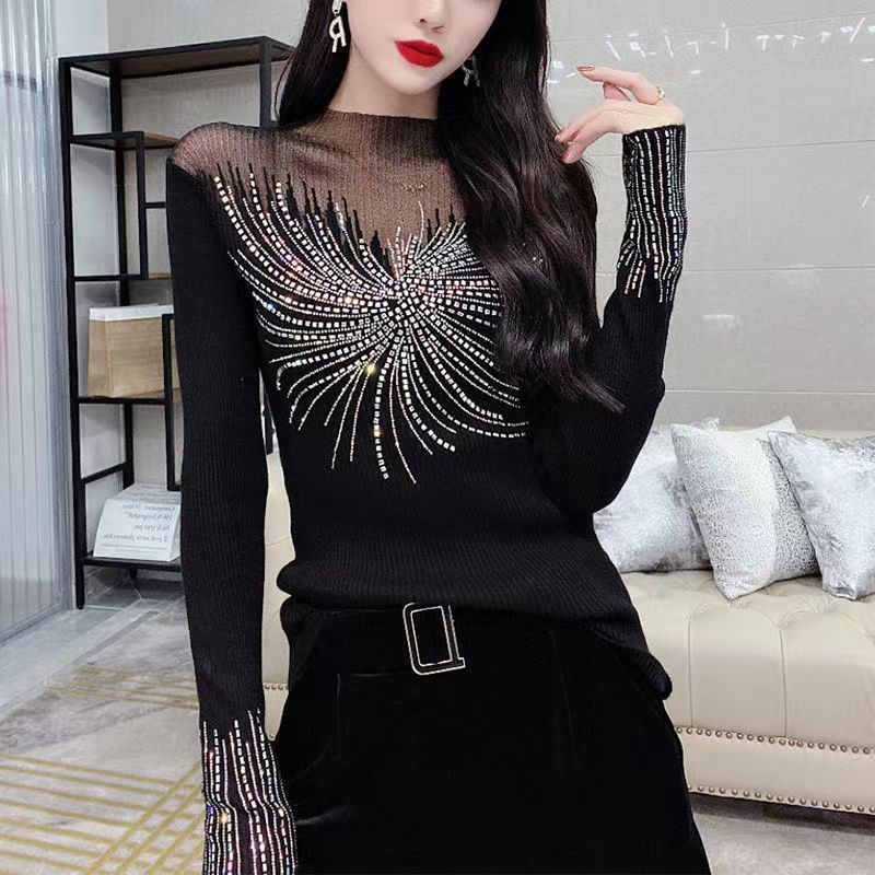 Women's Stitching Mesh Hollow Diamond All-matching Long Sleeve Top