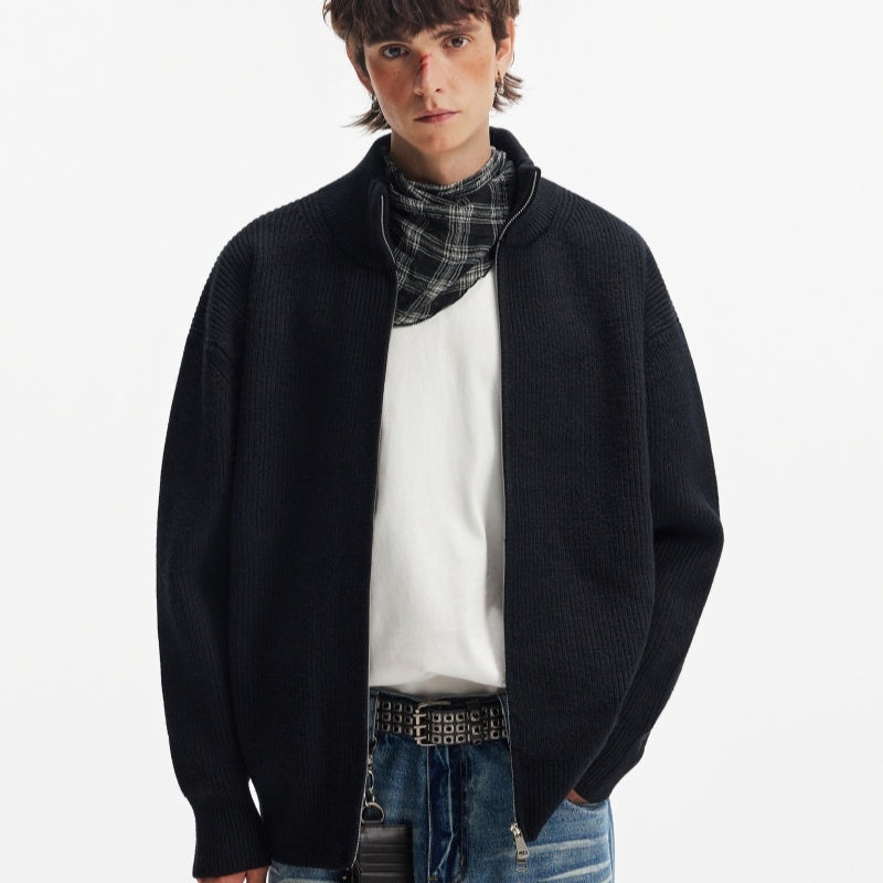 Double Zipper Heavy Stand Collar Cardigan Sweater Winter Solid Color Coat