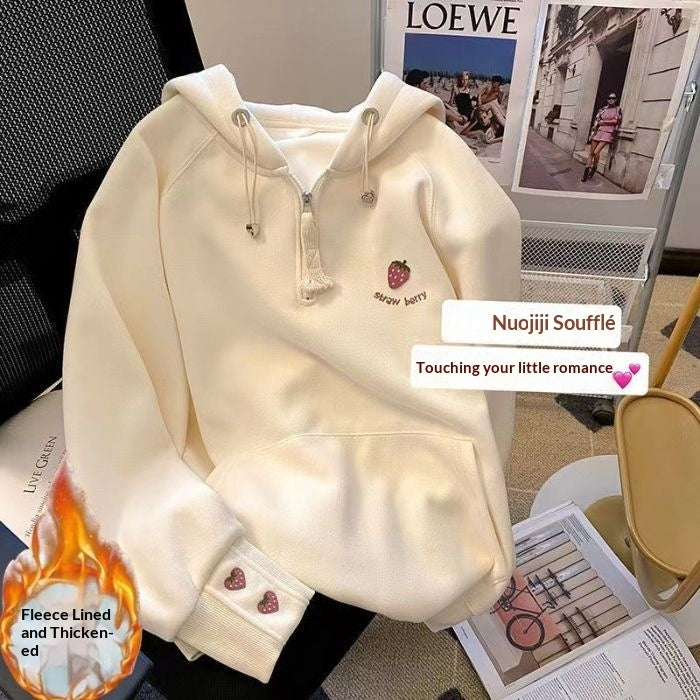 Girls' Pink Strawberry-Embroidered Hoodie New FallWinter Style