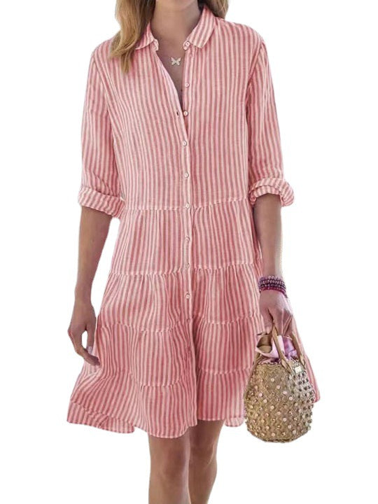 Ins Striped Long-sleeved Shirt Dress Fashion Lapel Button Dresses For Women