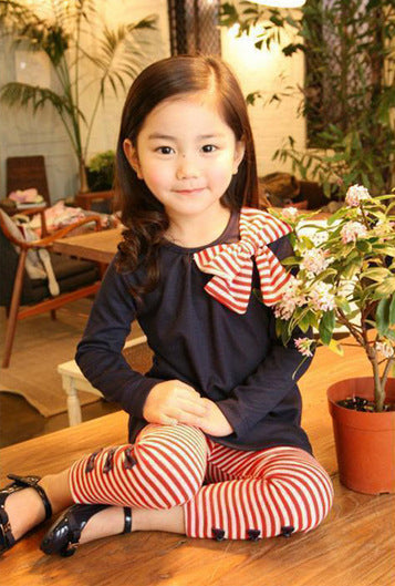 Girls Striped Bow Tie Round Neck T-shirt  Leggings Kids Suit