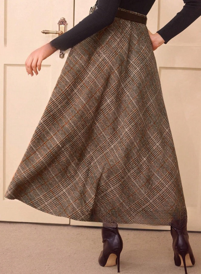Elegant Retro Women's High Waist Plaid Ribbon Pocket Casual Skirt