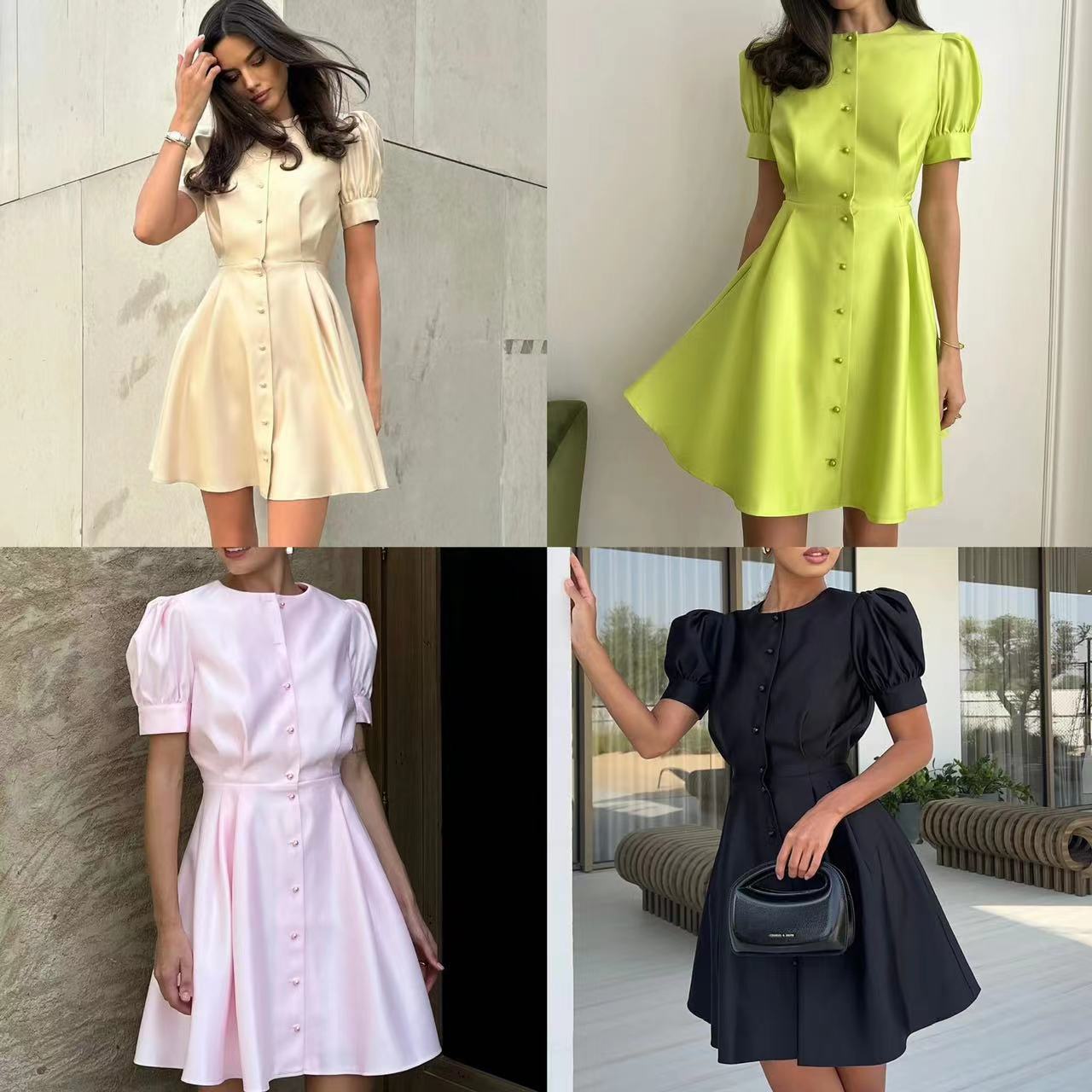 Round Neck Puff Sleeve Short Sleeve Pleated Waist Tight Pearl Buckle A- Line Mid-length Formal Dress