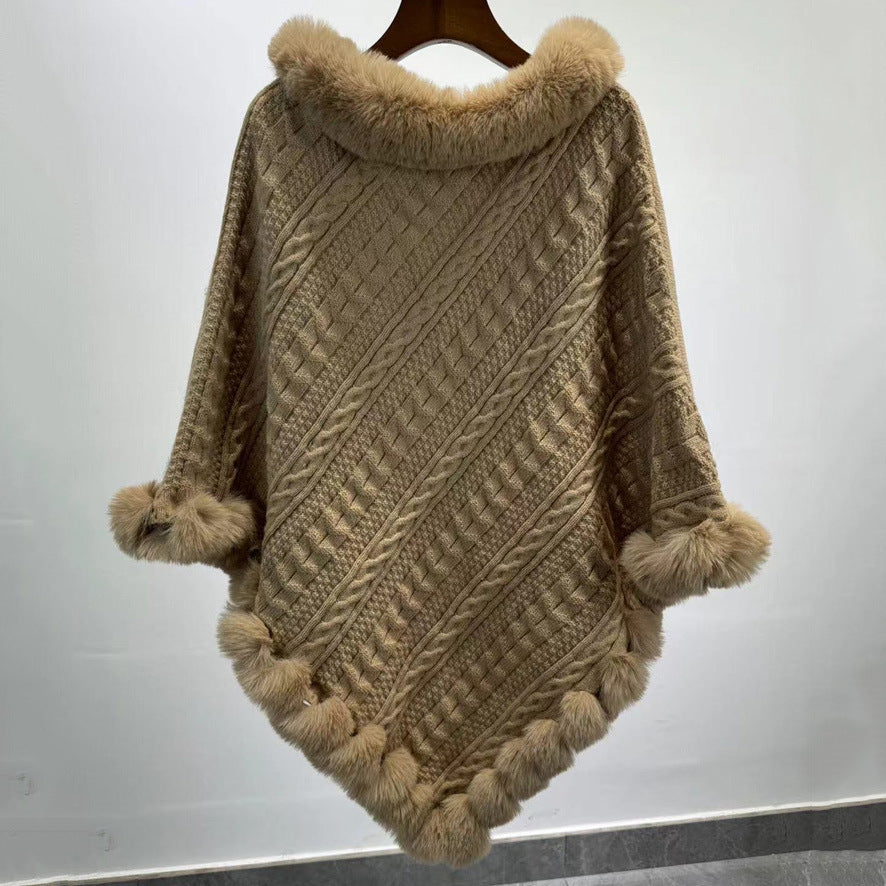 Fur Collar Oversized Knit Pullover Shawl Cloak