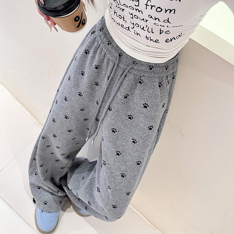 High-Street American-Style Floral Dog Paw Print Casual Pants For Women