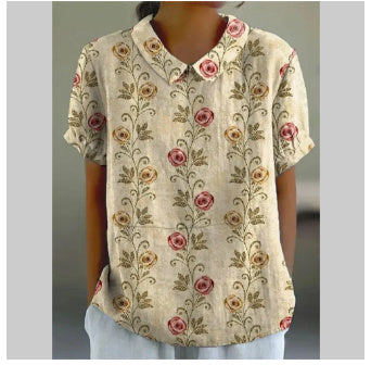 بلوزة نسائية فضفاضة مطبوعة برقبة دائرية