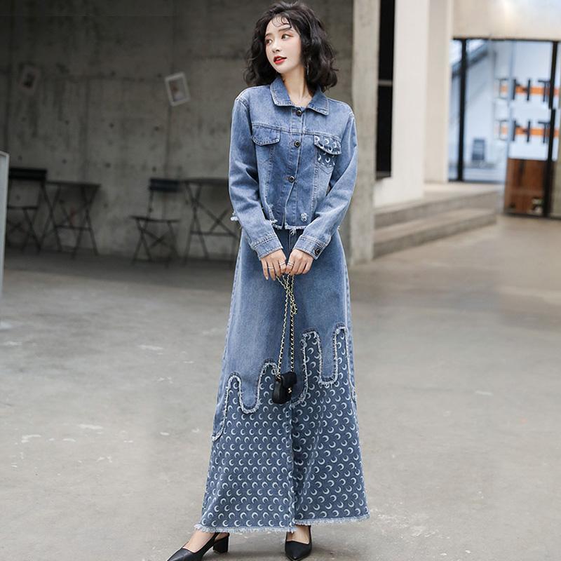 Denim Wide Leg Pants Suit Women Loose Plus Size Fashion Short Coat