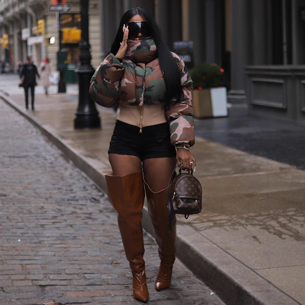 European And American Women's Clothing Fashion Retro Camouflage Print Short Cotton Jacket