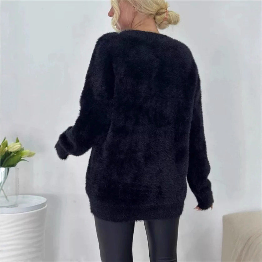 Women's Imitation Mink Pocket Knitted Cardigan For Autumn And Winter