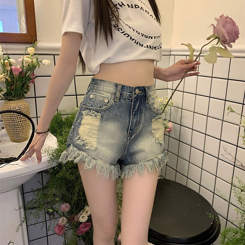 Retro Ripped Raw-Edge Denim Shorts For Women Lightweight And Loose-Fitting