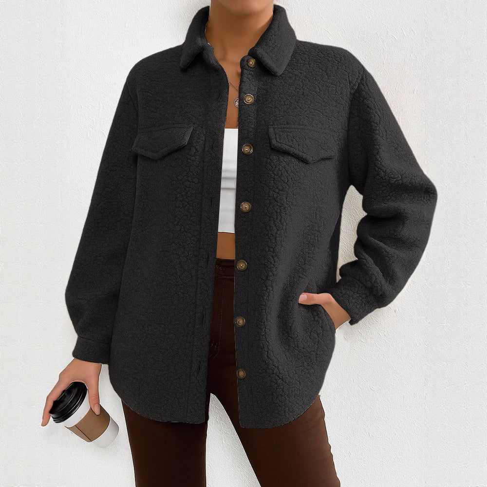 Women's Solid Color Long-sleeved Lapel Fleece Jacket