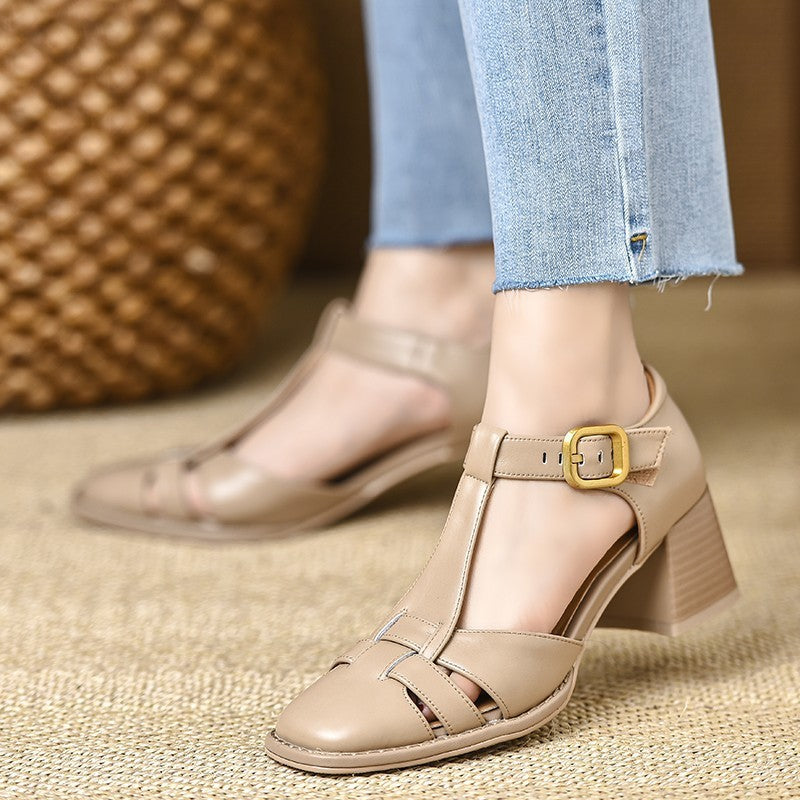 Women's Chunky Heel Hollow Buckle Pig Cage Closed Toe Sandals