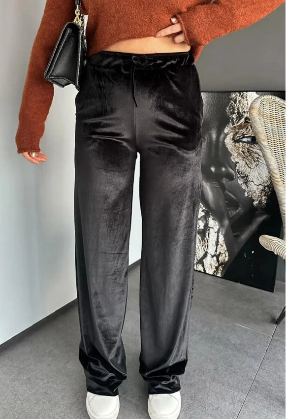 Black Shiny Velvet Drawstring High Waist Straight Leg Casual Pants