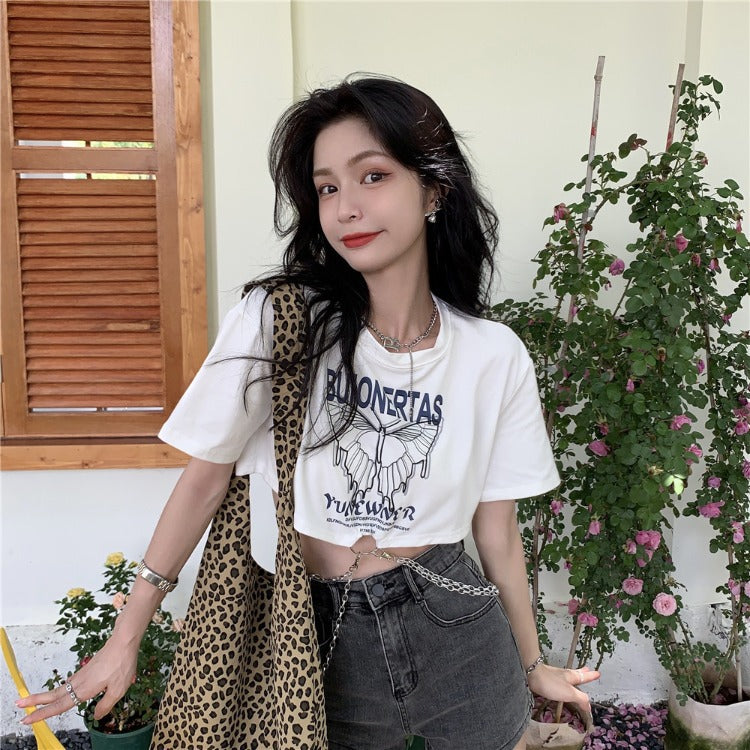 Hot Girl Short Sleeve T-Shirt Women's Chain Butterfly Print Loose Short Top