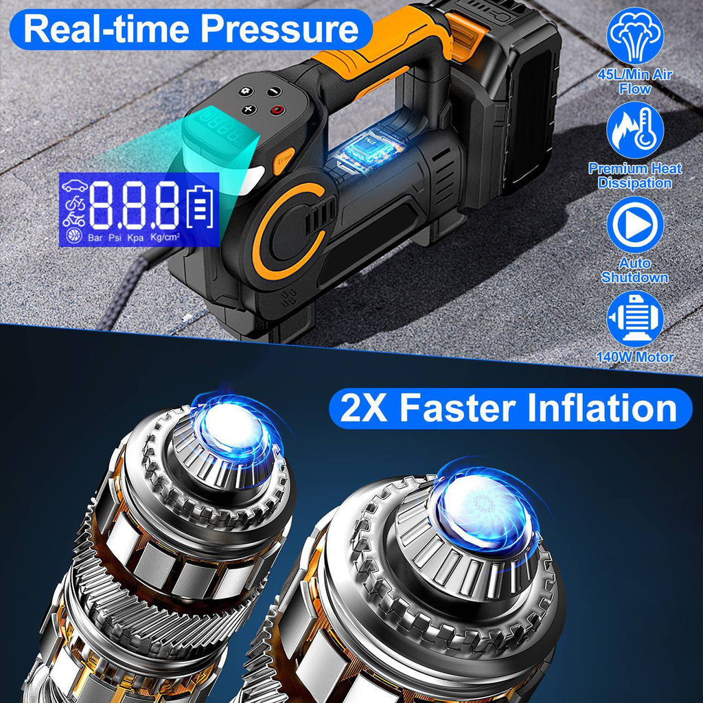 1Pc 140W 150PSI 21V Battery Powered Tire Inflator Cordless Air Inflator Digital Air Compressor With LED Light For Cars Motorcycles Bicycles Balls