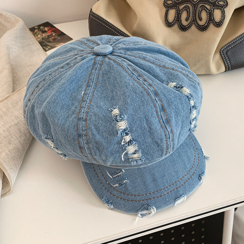 Retro Make Old Ripped Denim Beret Women