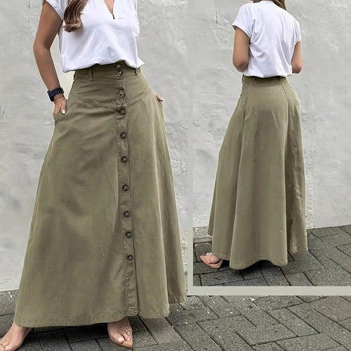 Women's Solid Color High-Waisted A-Line Skirt With Slit And Button Detail Flared Midi Skirt With Pockets For Spring & Fall