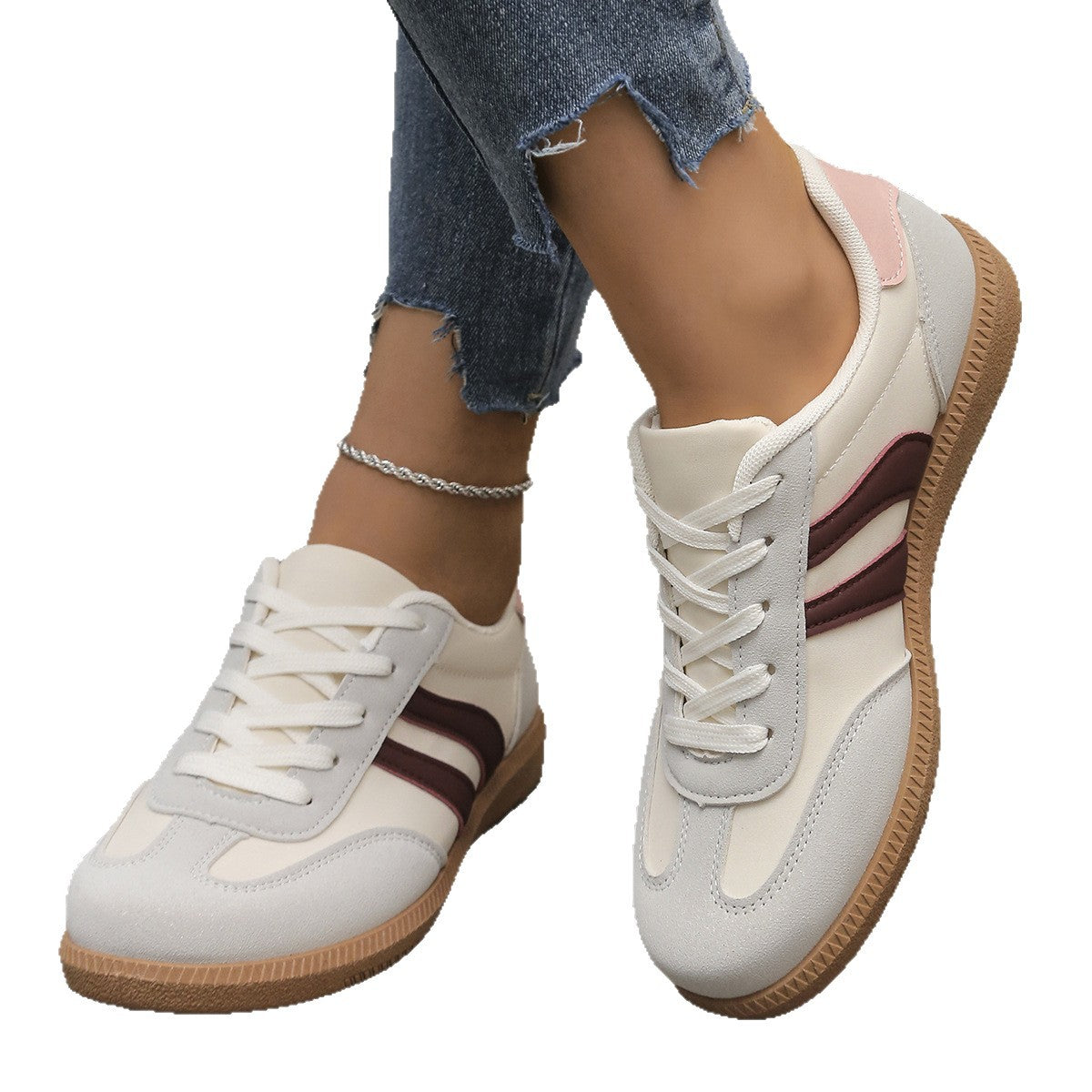 Color-blocked Retro Skate Shoes German-style White Sneakers For Women