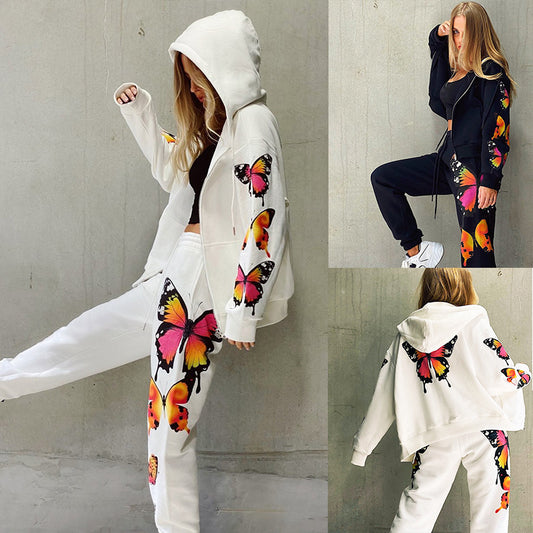 Butterfly Print Long-Sleeved Hooded Zipper Casual Sweater Suit